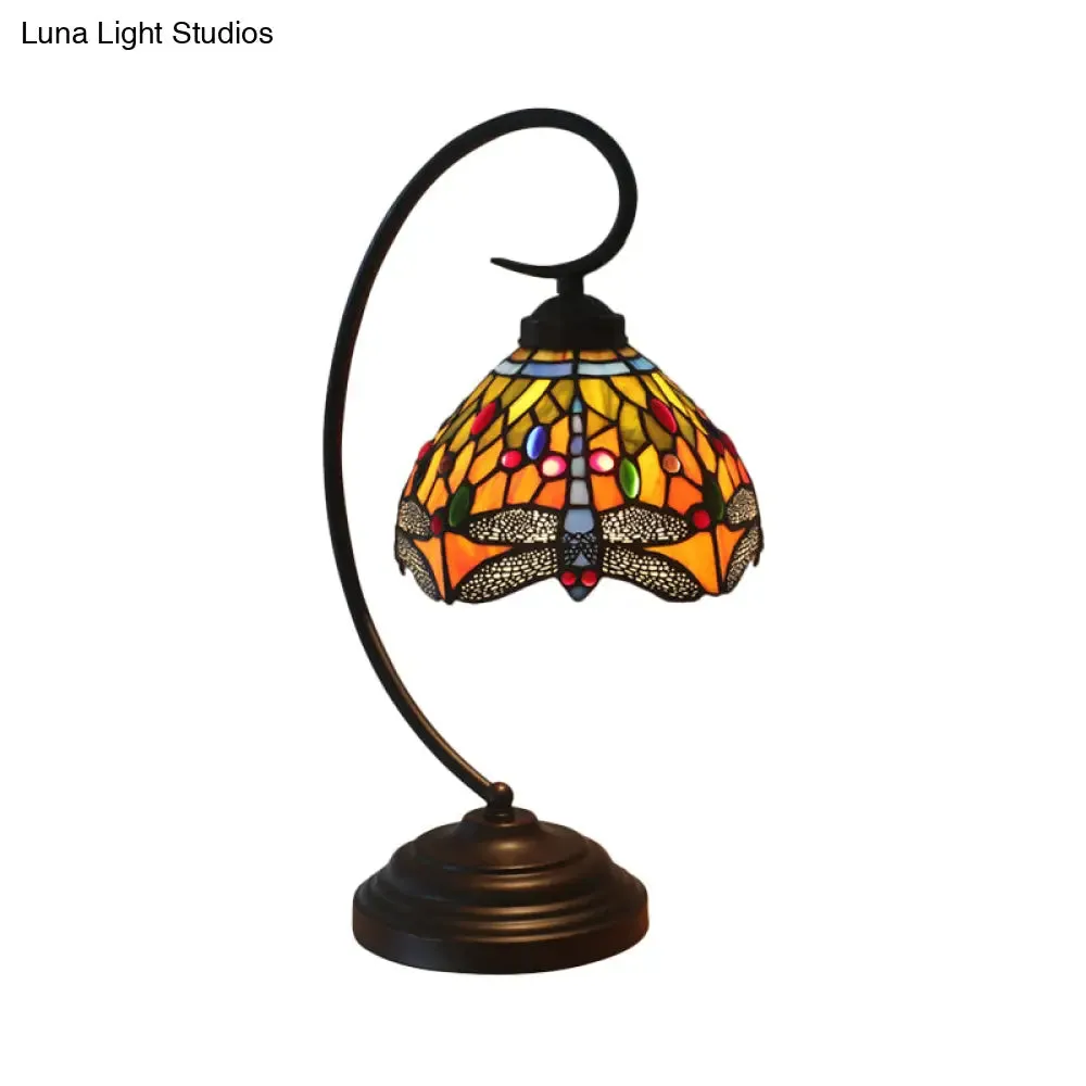 Dragonfly Cut Glass Victorian Desk Lamp - 1 Light Orange/Green Night Light with Curved Arm for Bedroom