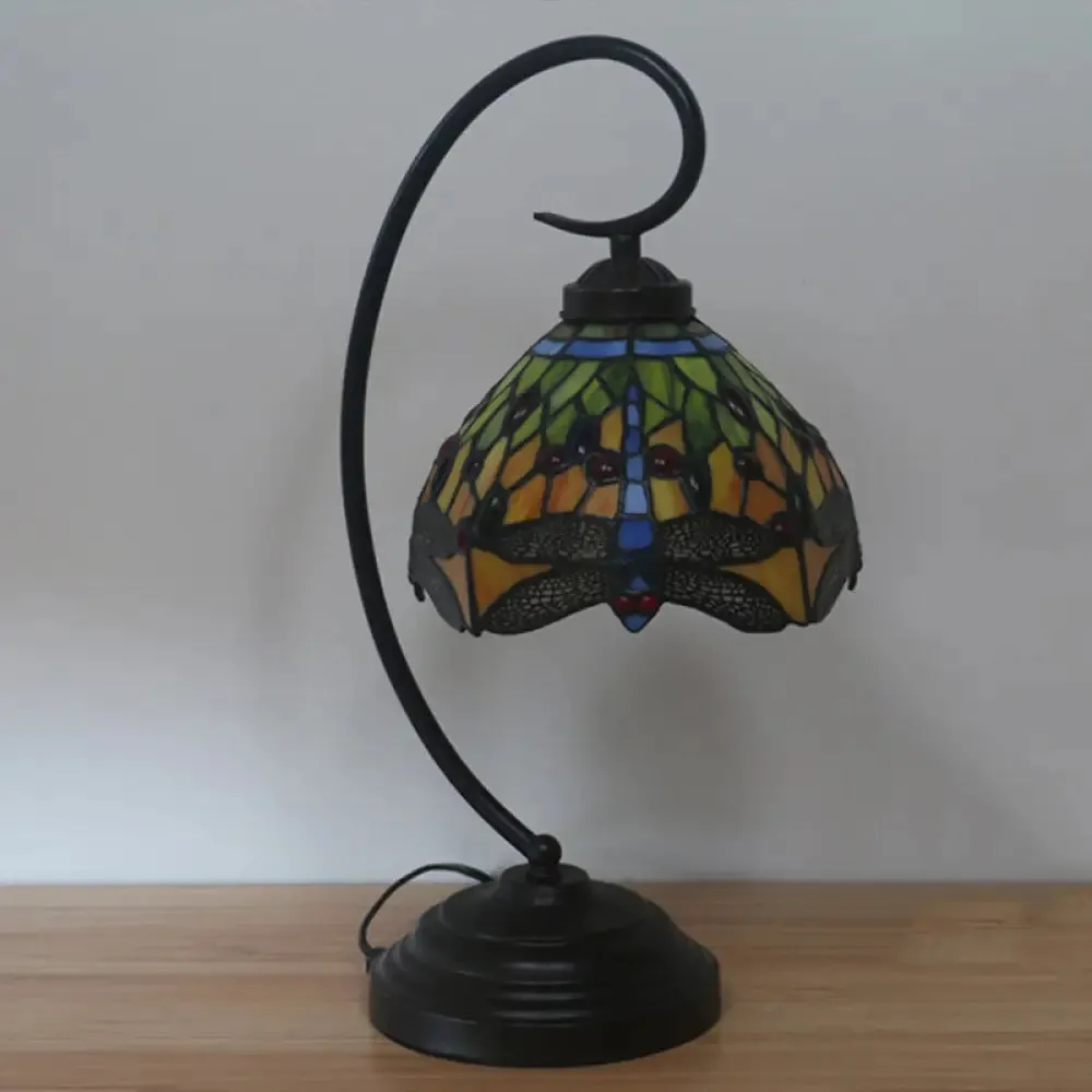 Dragonfly Cut Glass Victorian Desk Lamp - 1 Light Orange/Green Night Light with Curved Arm for Bedroom