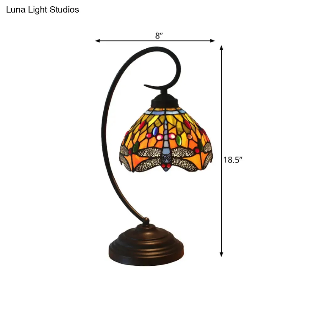 Dragonfly Cut Glass Victorian Desk Lamp - 1 Light Orange/Green Night Light with Curved Arm for Bedroom