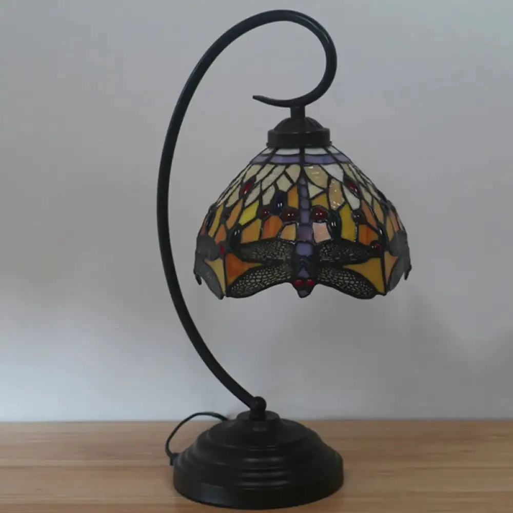 Dragonfly Cut Glass Victorian Desk Lamp - 1 Light Orange/Green Night Light with Curved Arm for Bedroom