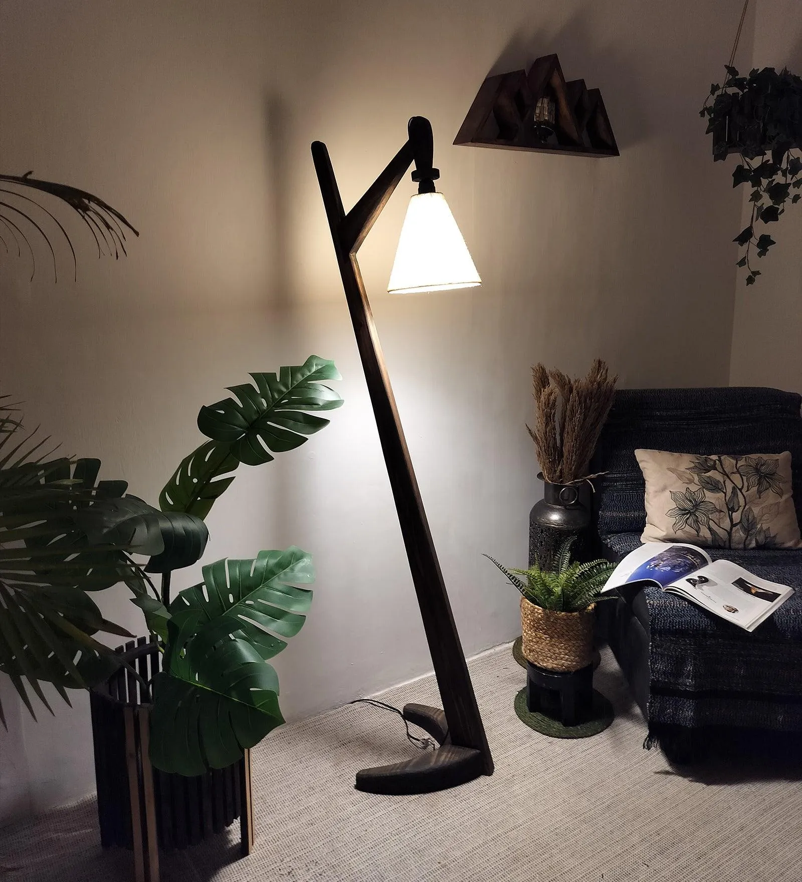 Druid Wooden Floor Lamp with Brown Base and Jute Fabric Lampshade