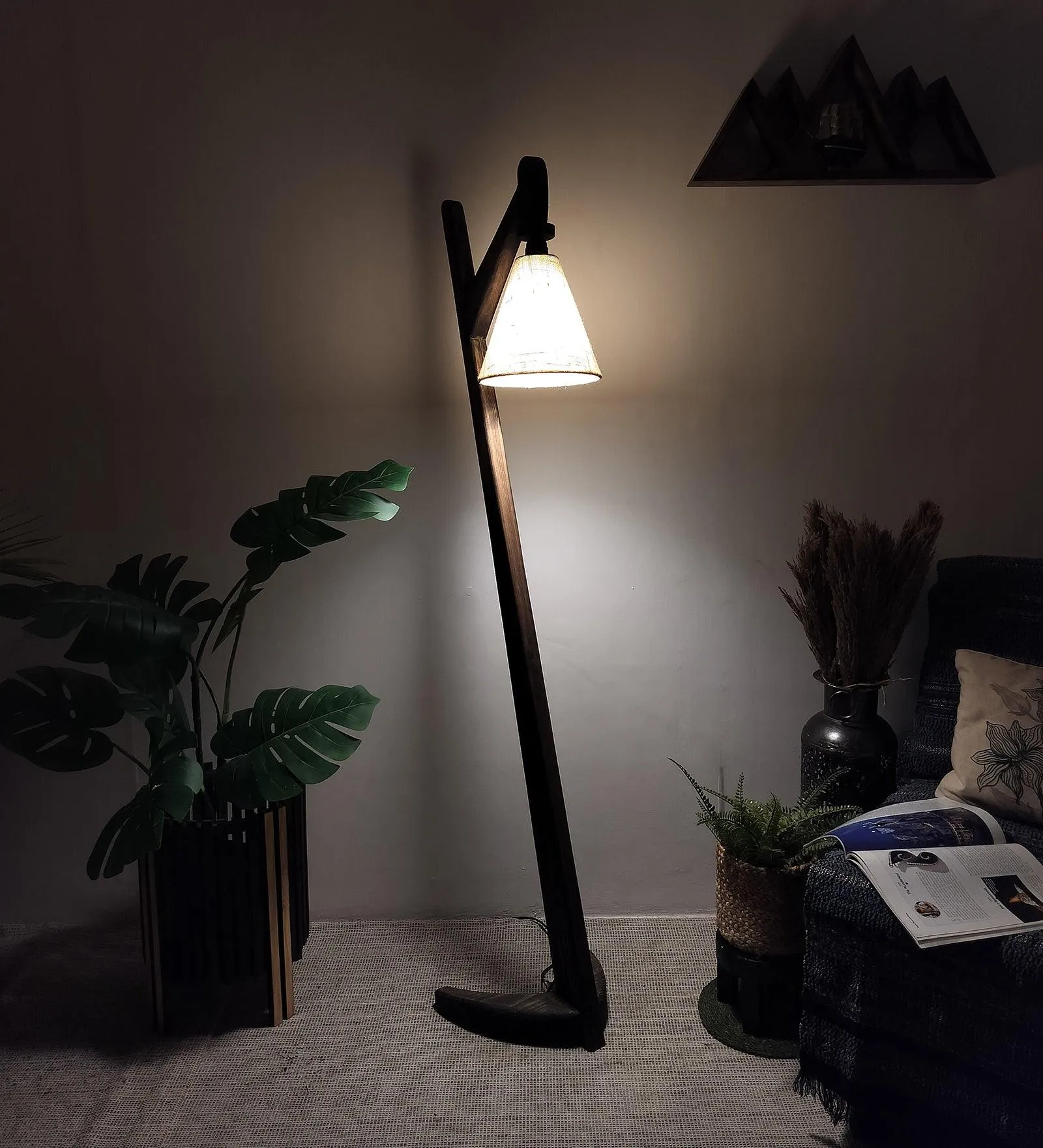 Druid Wooden Floor Lamp with Brown Base and Jute Fabric Lampshade