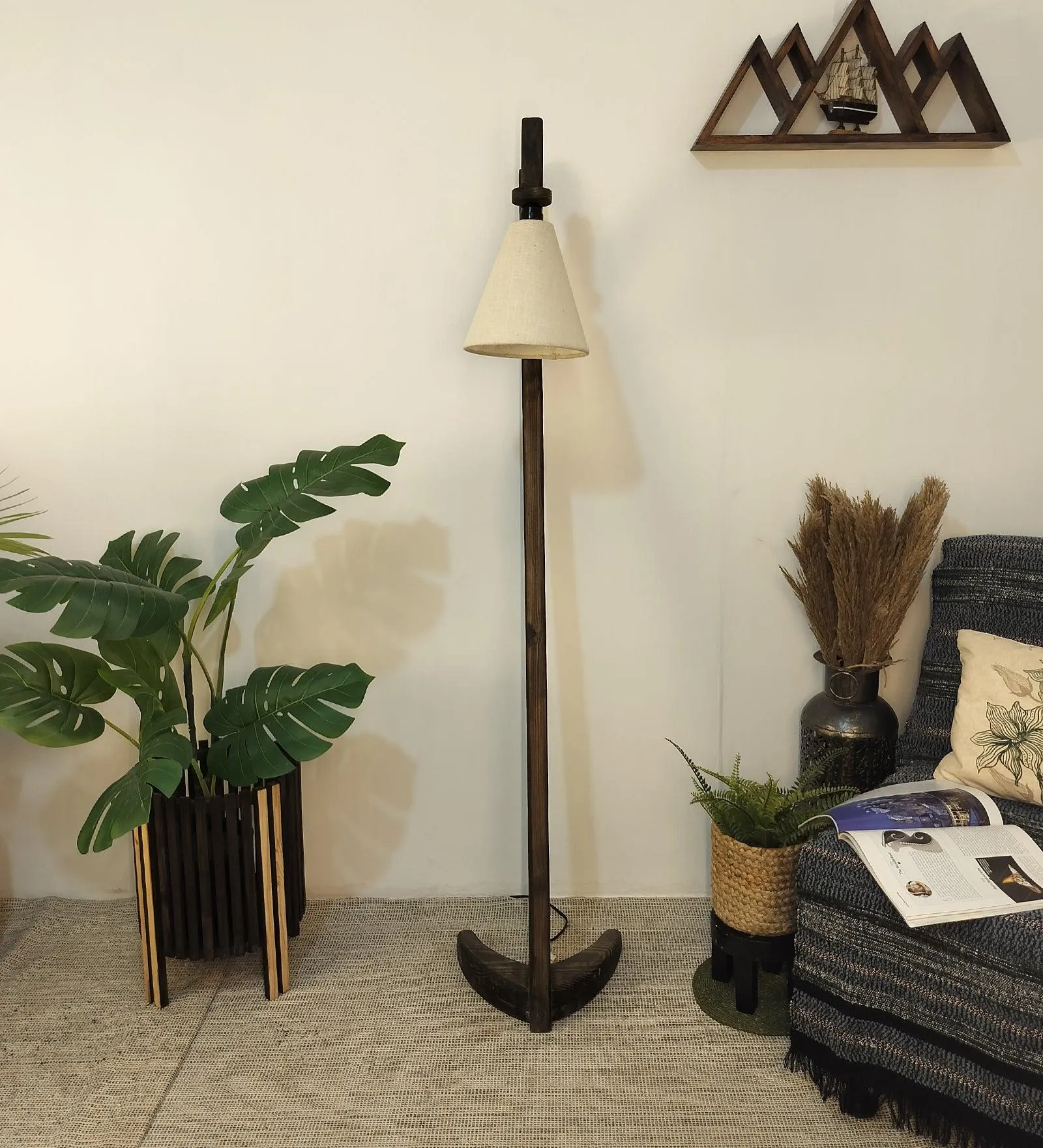 Druid Wooden Floor Lamp with Brown Base and Jute Fabric Lampshade