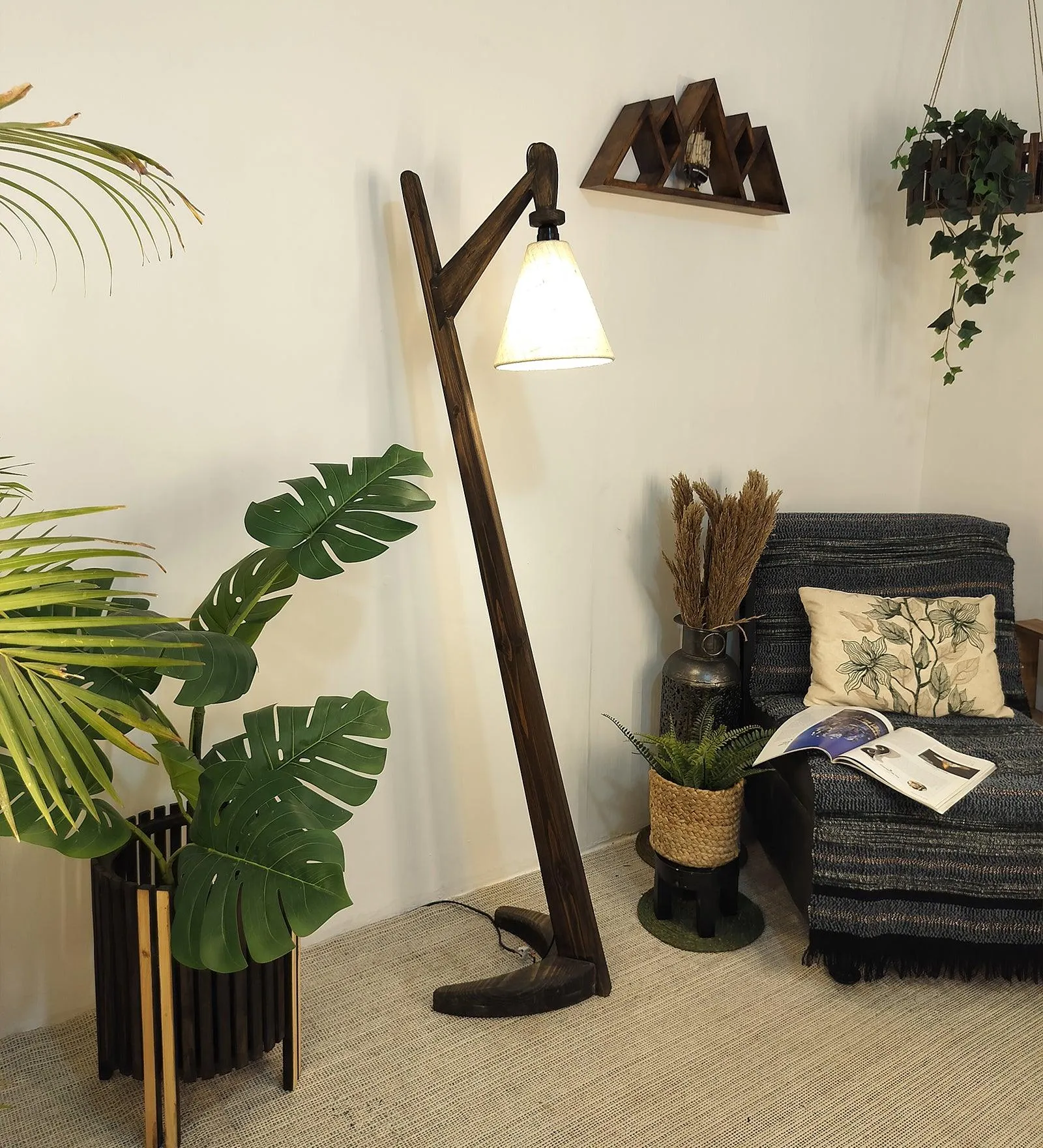 Druid Wooden Floor Lamp with Brown Base and Jute Fabric Lampshade