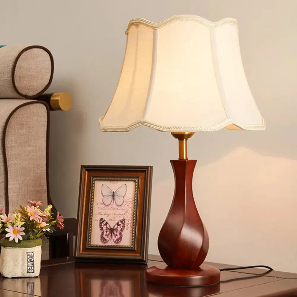 Flared Nightstand Lamp with Scalloped Trim - Countryside Style in Flaxen/Beige