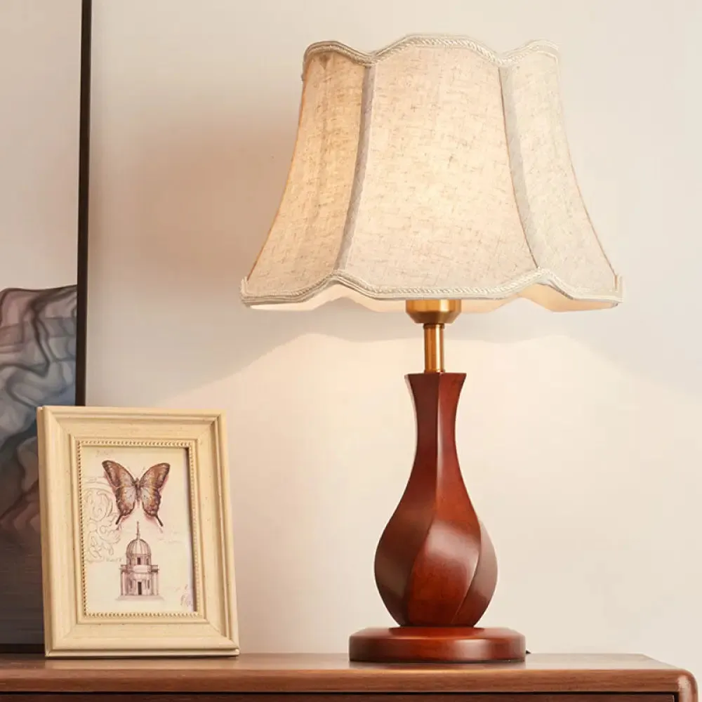 Flared Nightstand Lamp with Scalloped Trim - Countryside Style in Flaxen/Beige