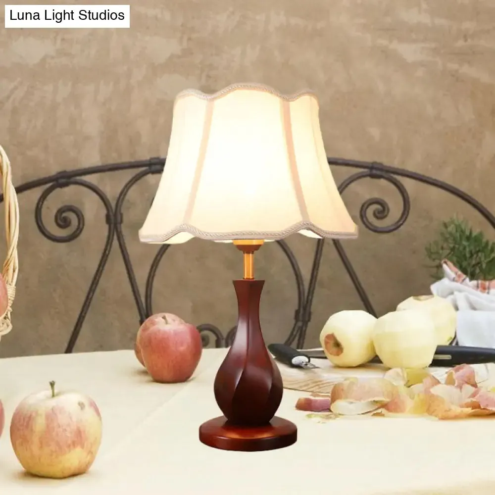 Flared Nightstand Lamp with Scalloped Trim - Countryside Style in Flaxen/Beige