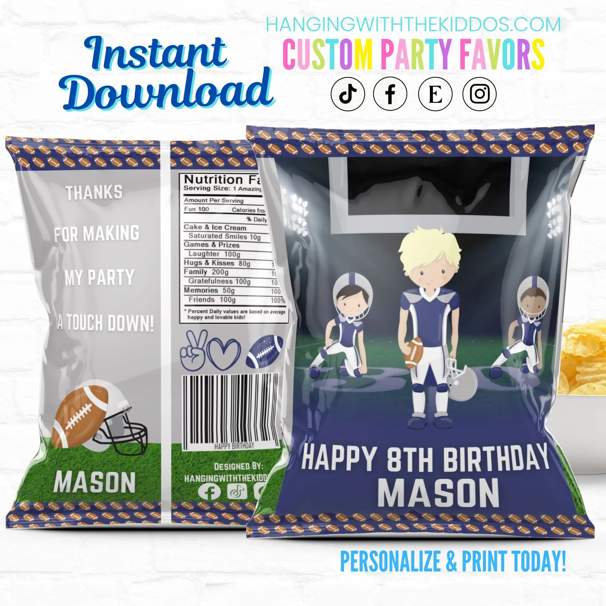 Football Party Personalized Chip Bags|Printable File 03