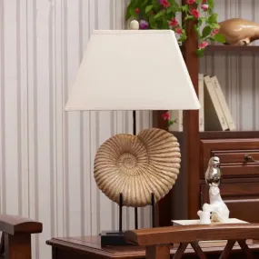 French Country Spiral Shell Night Lamp with Pyramid Fabric Shade - White Resin Table Lighting