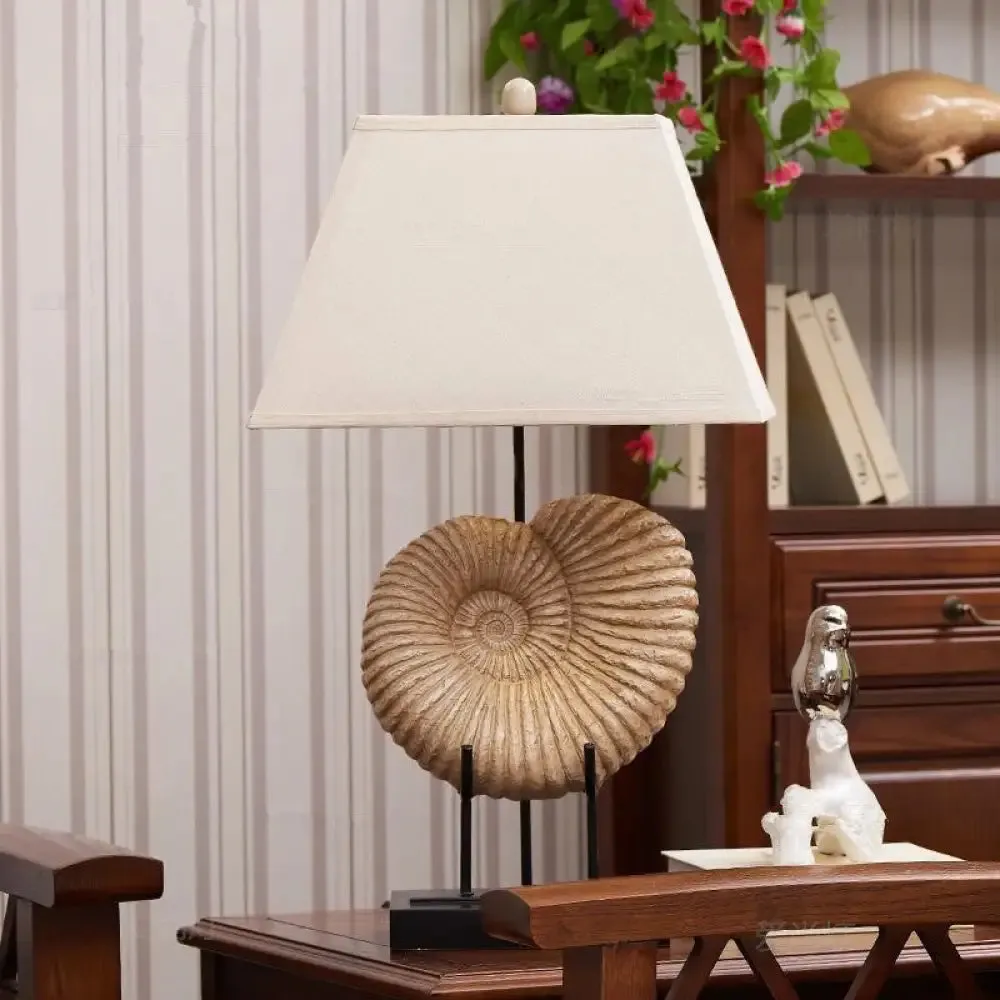 French Country Spiral Shell Night Lamp with Pyramid Fabric Shade - White Resin Table Lighting