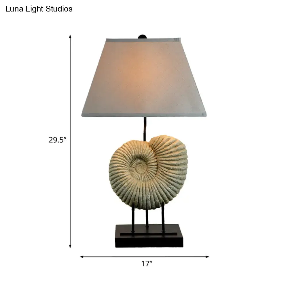 French Country Spiral Shell Night Lamp with Pyramid Fabric Shade - White Resin Table Lighting