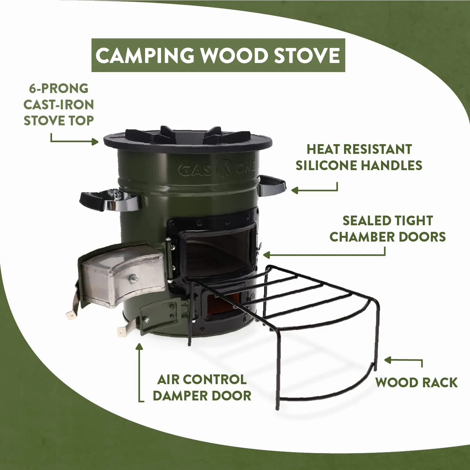 GasOne Premium Wood Burning Rocket Stove Camping for Backpacking, Hiking, RV and Survival - Insulated Barrel Stove Kit with Silicone Handles – Military Green