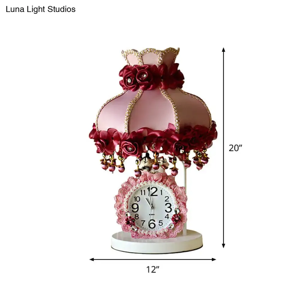 Girls Bedroom Night Light - Purple/Pink Table Lamp with Scalloped Fabric Shade and Clock