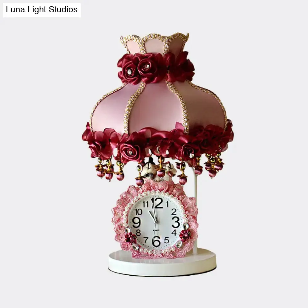 Girls Bedroom Night Light - Purple/Pink Table Lamp with Scalloped Fabric Shade and Clock