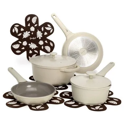 Goodful 10pc Cast Aluminum, Ceramic Cookware Set Cream