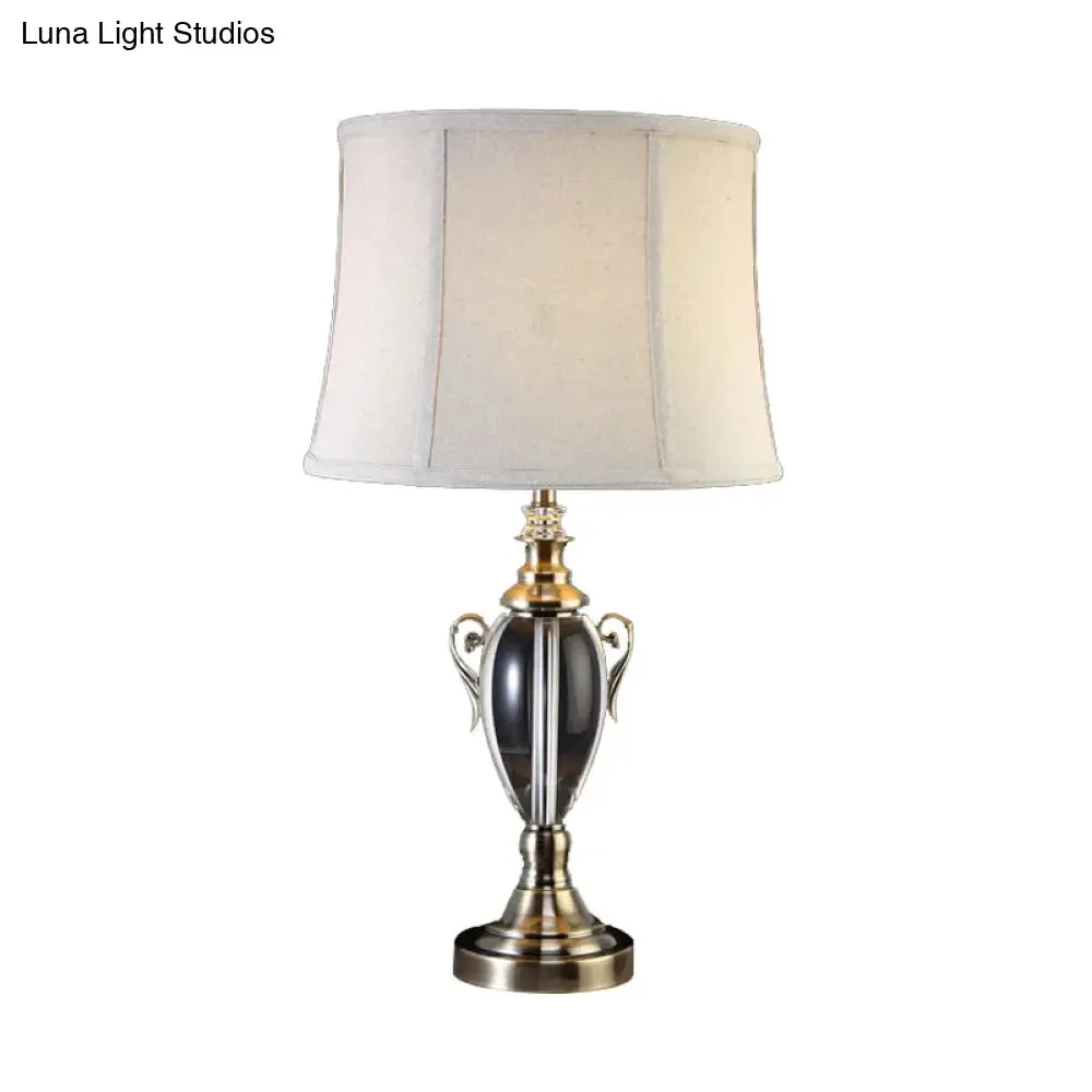 Gray Cream Fabric Panel Table Lamp with Crystal Deco – Elegant Nightstand Light