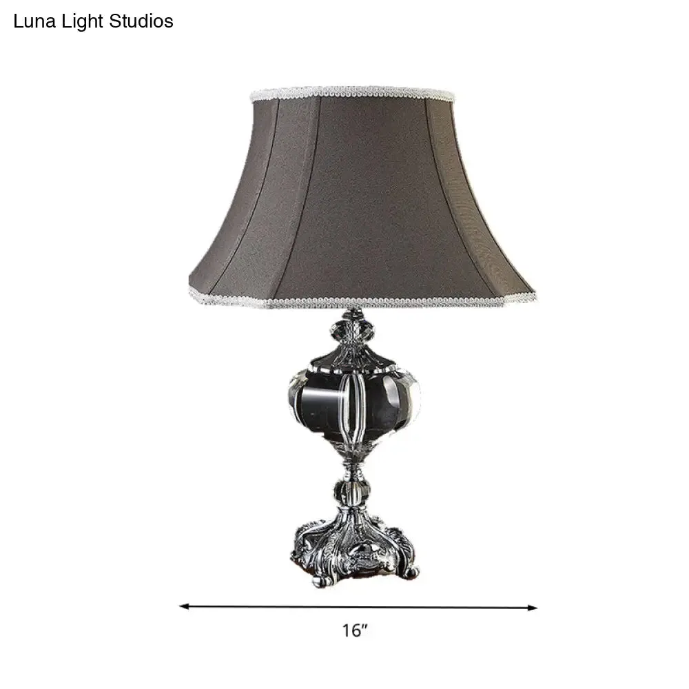 Grey Fabric Nightstand Lamp - Elegant Flared Shade and Crystal Base