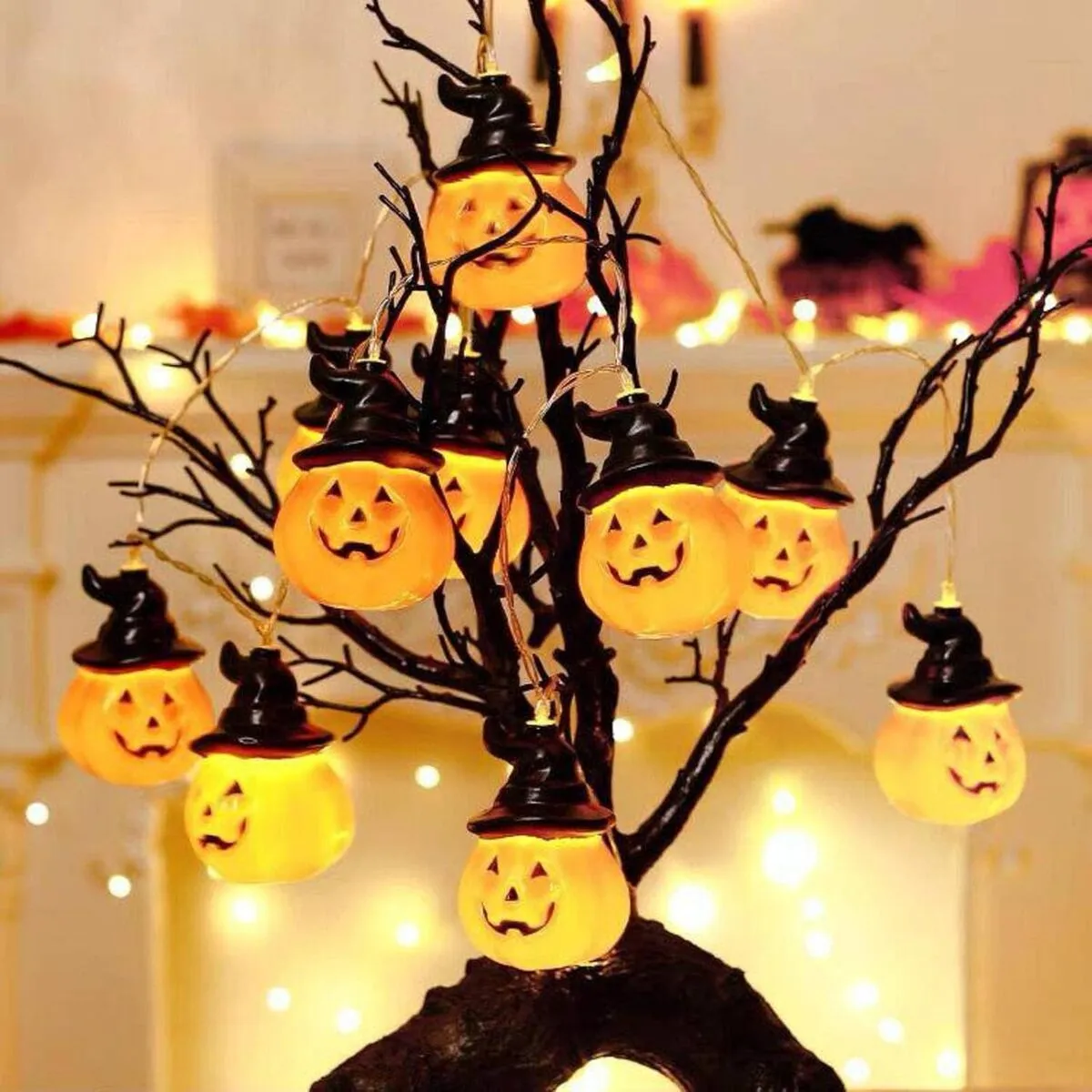 Halloween LED String Lights Pumpkin, Ghost, Eyeball, Cat, Skull, and Spider LED Decorations for Indoor & Outdoor Halloween Decor (Black Hat Pumpkin)