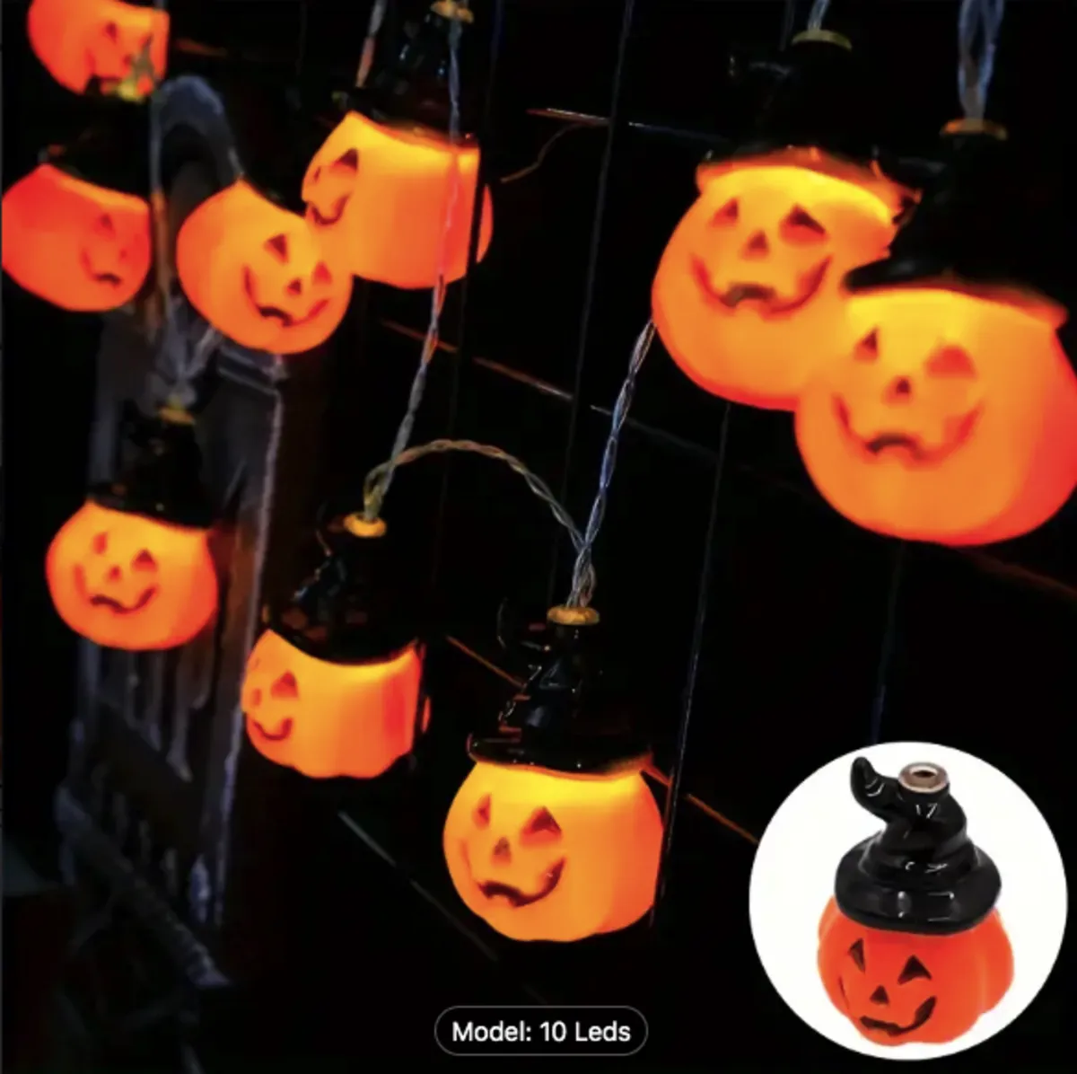 Halloween LED String Lights Pumpkin, Ghost, Eyeball, Cat, Skull, and Spider LED Decorations for Indoor & Outdoor Halloween Decor (Black Hat Pumpkin)