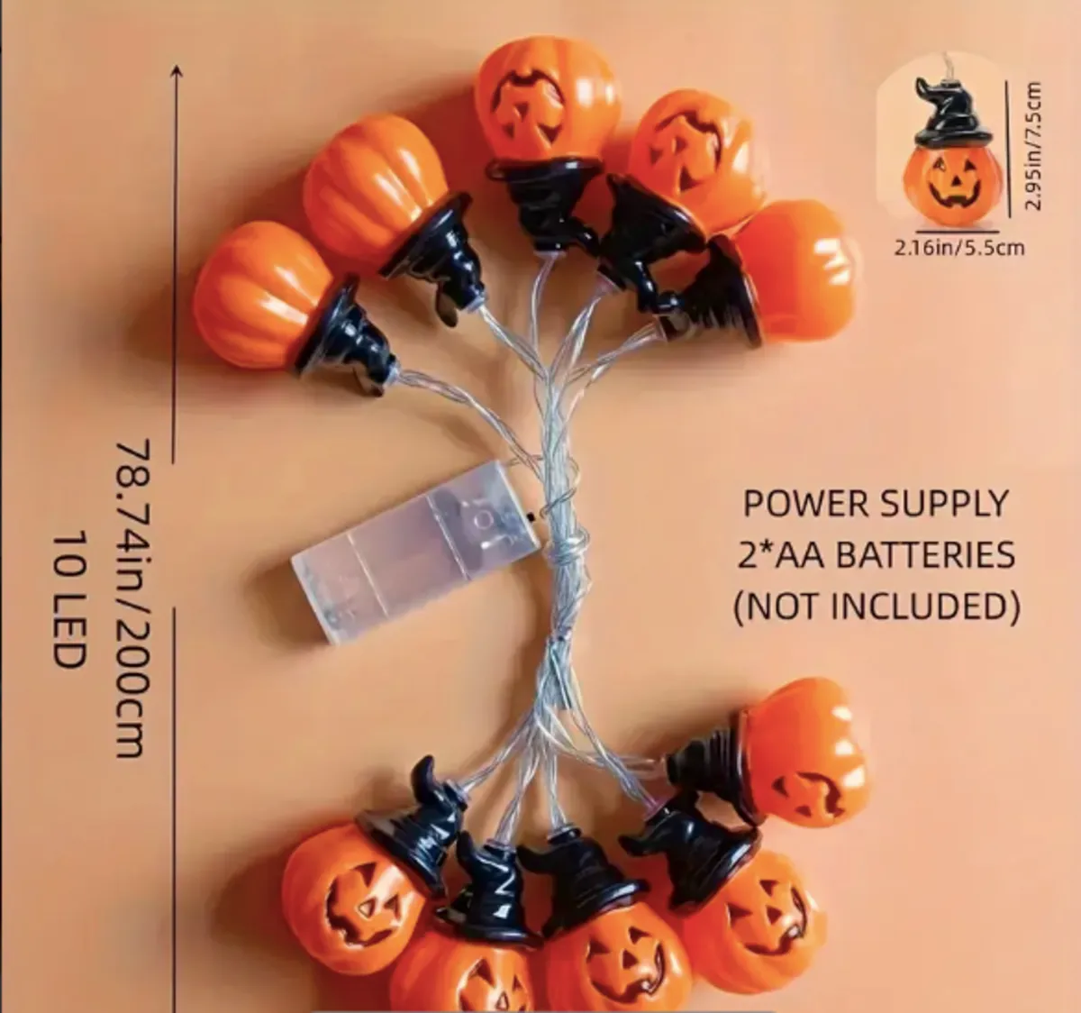 Halloween LED String Lights Pumpkin, Ghost, Eyeball, Cat, Skull, and Spider LED Decorations for Indoor & Outdoor Halloween Decor (Black Hat Pumpkin)