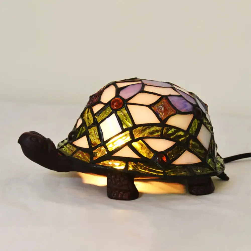 Handcrafted Baroque Turtle Shaped Night Lamp - Stained Glass Table Lighting in White"