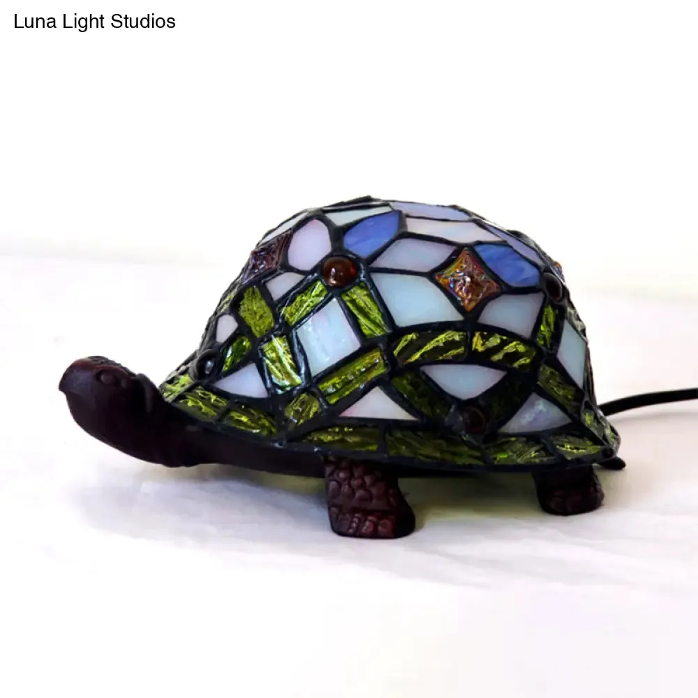 Handcrafted Baroque Turtle Shaped Night Lamp - Stained Glass Table Lighting in White"