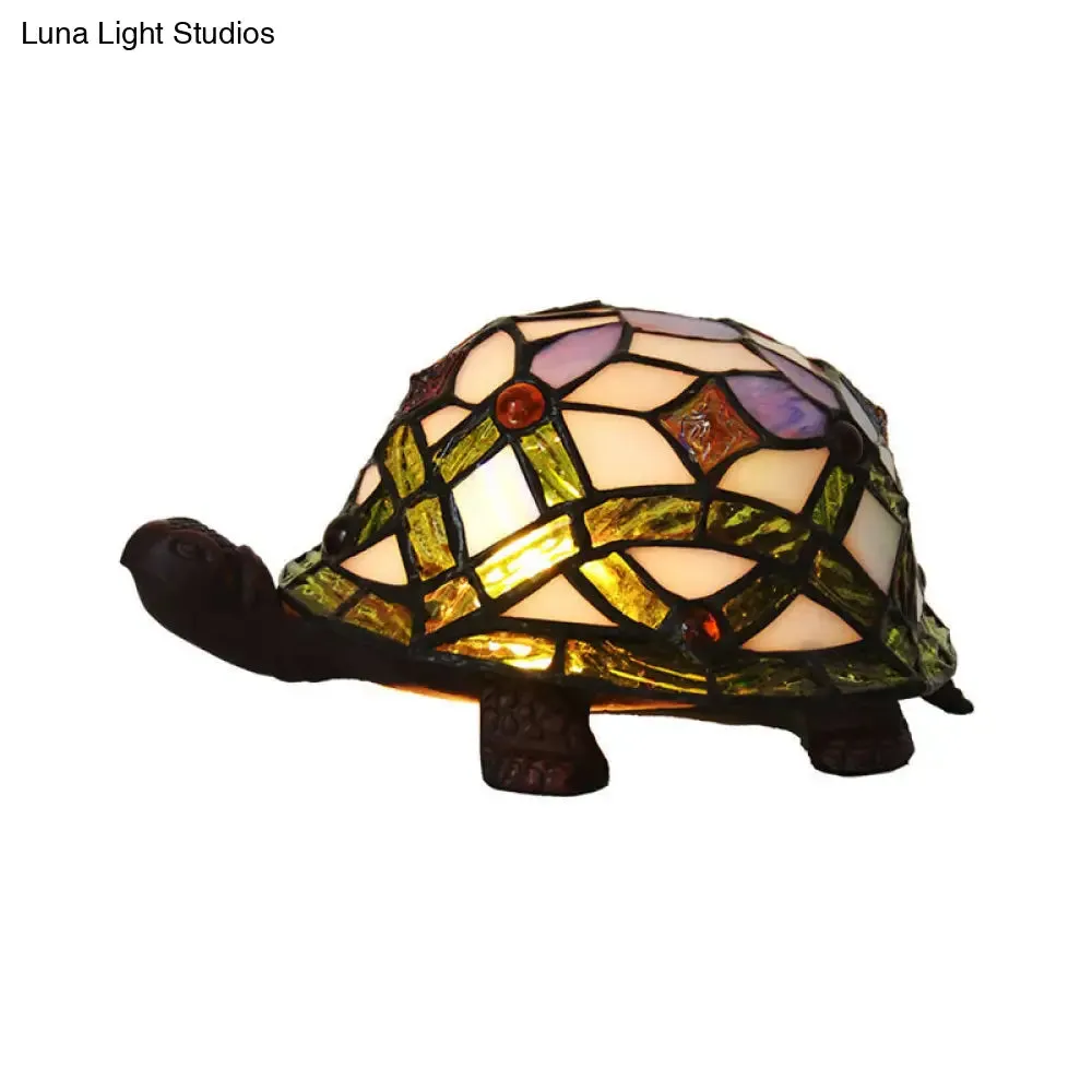 Handcrafted Baroque Turtle Shaped Night Lamp - Stained Glass Table Lighting in White"