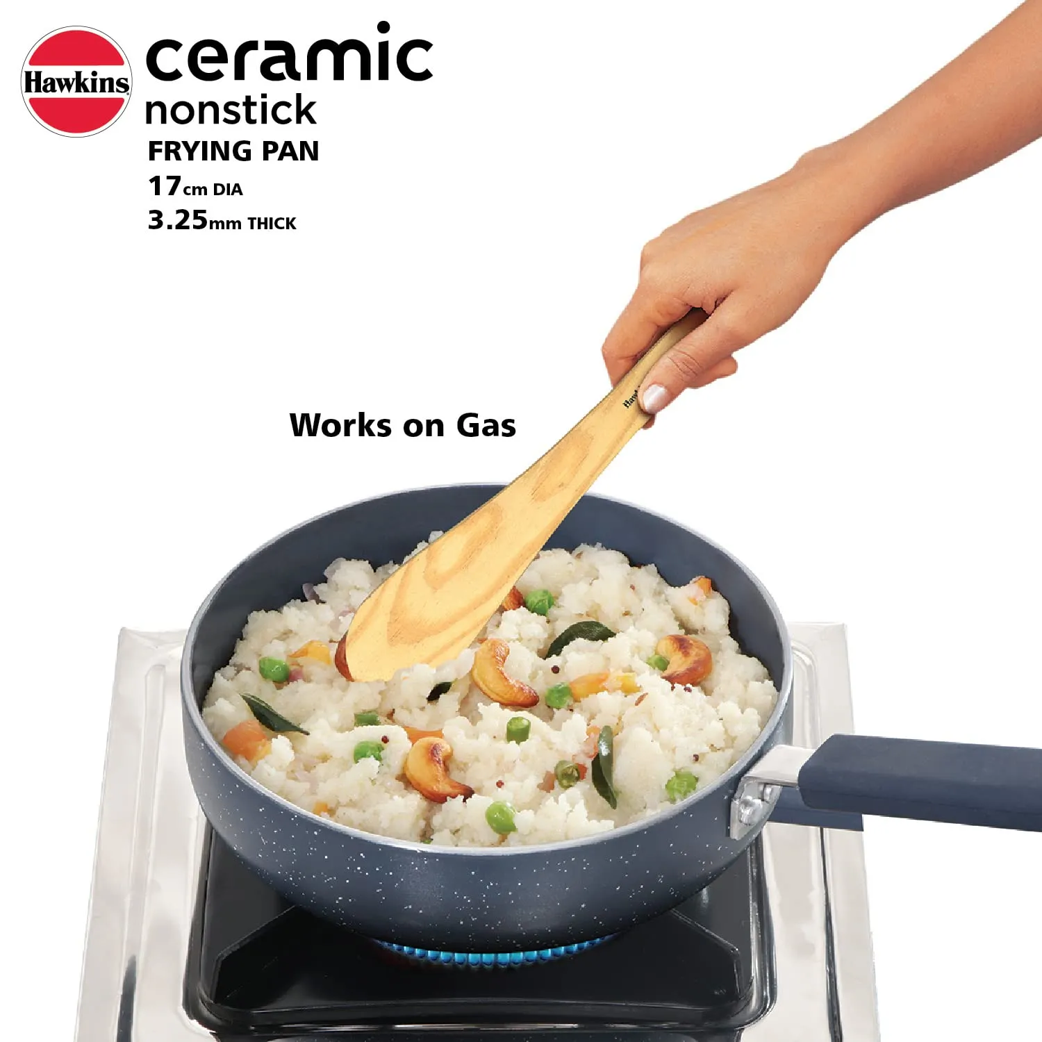 Hawkins Ceramic Nonstick Frying Pan, 17 cm Diameter, Induction Fry Pan with Glass Lid, Granite Omlette Egg Pan, Fish Pan (ICF17G)