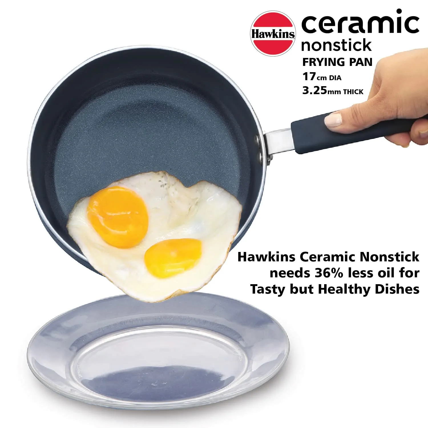 Hawkins Ceramic Nonstick Frying Pan, 17 cm Diameter, Induction Fry Pan with Glass Lid, Granite Omlette Egg Pan, Fish Pan (ICF17G)