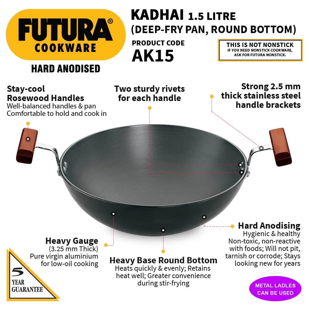 Hawkins Futura 1.5 Litre Deep Fry Pan, Hard Anodised Kadai, Round Bottom Kadhai, Small Kadai, Black (AK15)