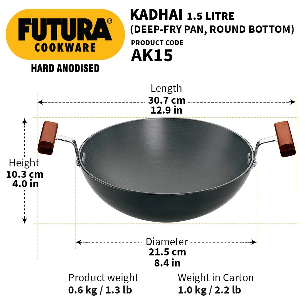 Hawkins Futura 1.5 Litre Deep Fry Pan, Hard Anodised Kadai, Round Bottom Kadhai, Small Kadai, Black (AK15)