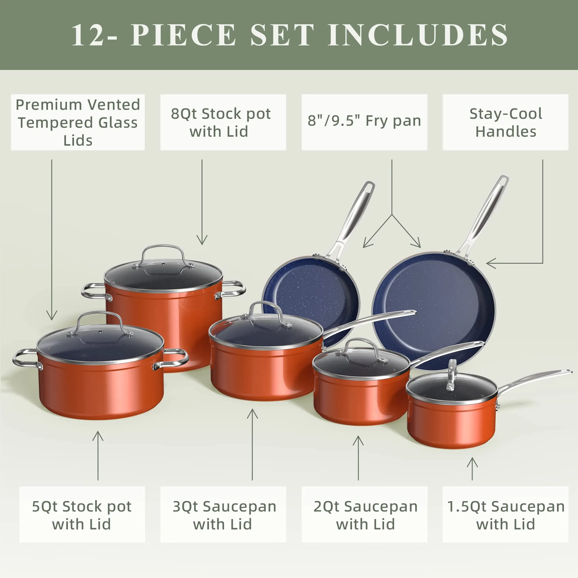 Healthy Duralon Blue Ceramic Nonstick Cookware Set, Diamond Infused Scratch-Resistan