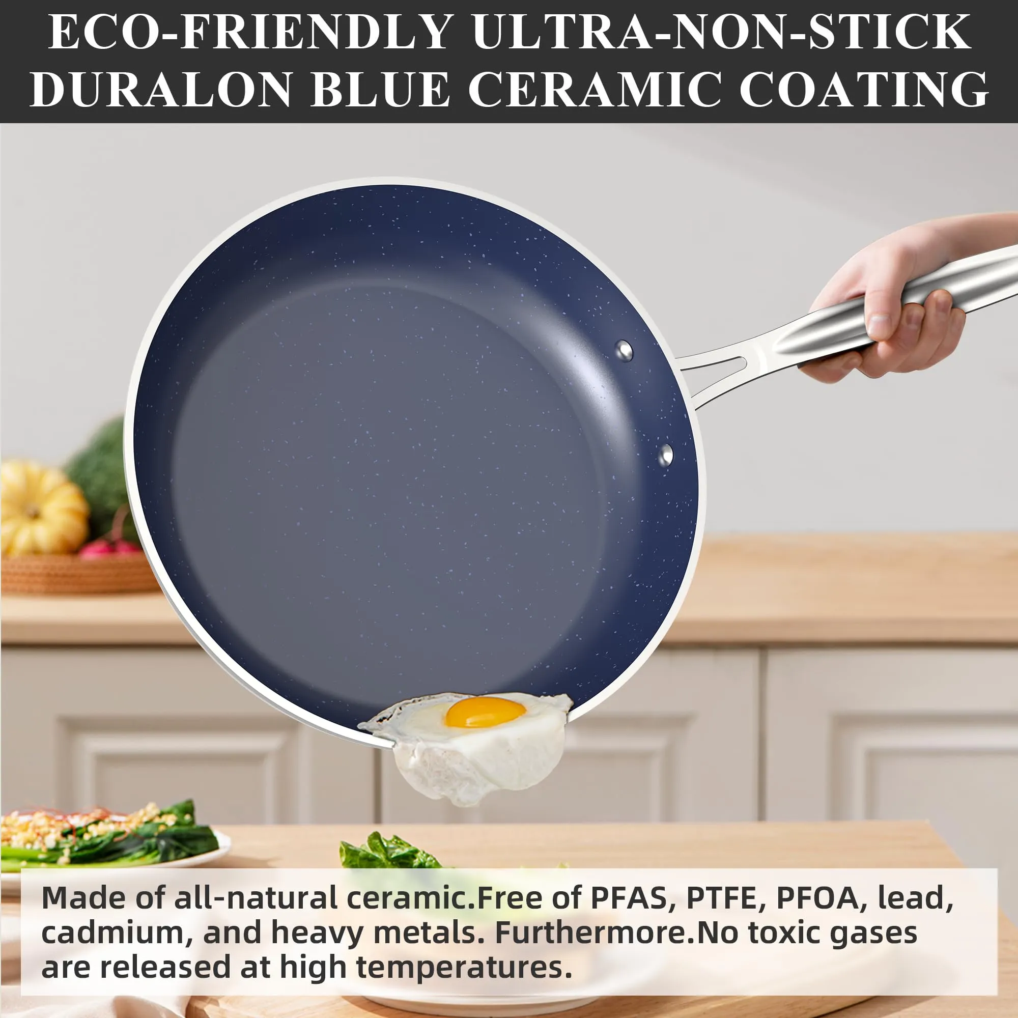 Healthy Duralon Blue Ceramic Nonstick Cookware Set,PFAS Free, Dishwasher Oven Safe, Induction Ready