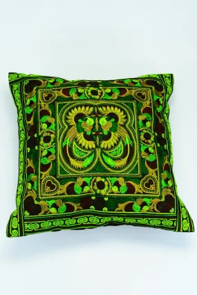 Hmong Hill Tribe Embroidered Peacock Pillowcase in Green