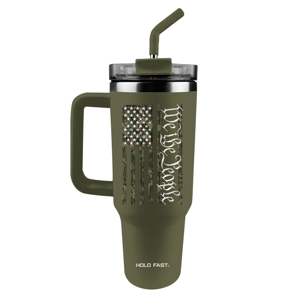 HOLD FAST 40 oz Stainless Steel Mug With Straw We The People Camo Flag