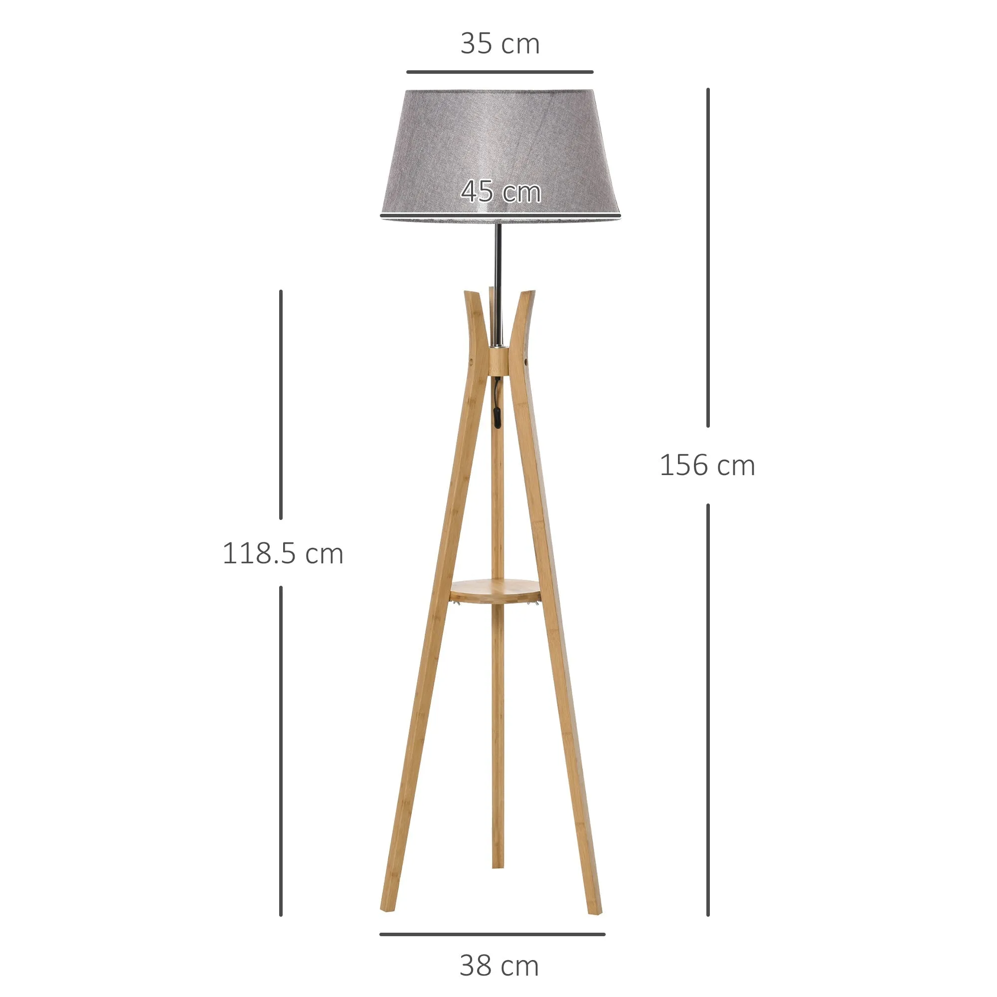 Homcom Natural Wood Tripod Floor Lamp Light E27 Base Bedroom Living Room Fabric Shade Storage Shelf Foot Switch