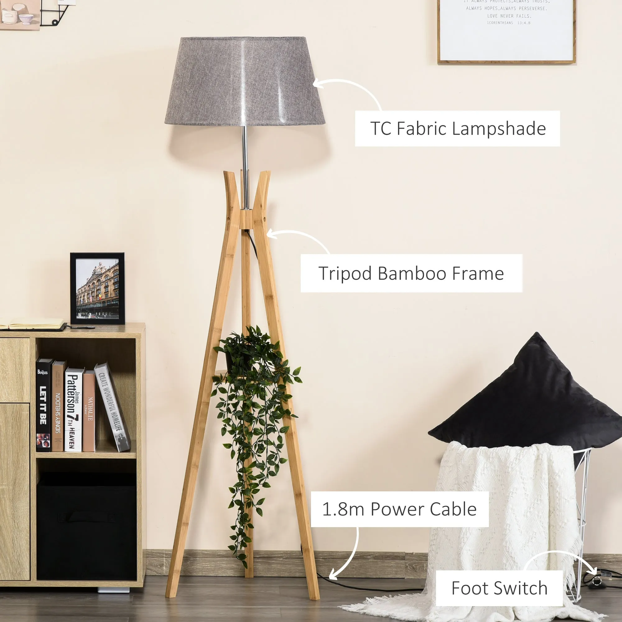 Homcom Natural Wood Tripod Floor Lamp Light E27 Base Bedroom Living Room Fabric Shade Storage Shelf Foot Switch