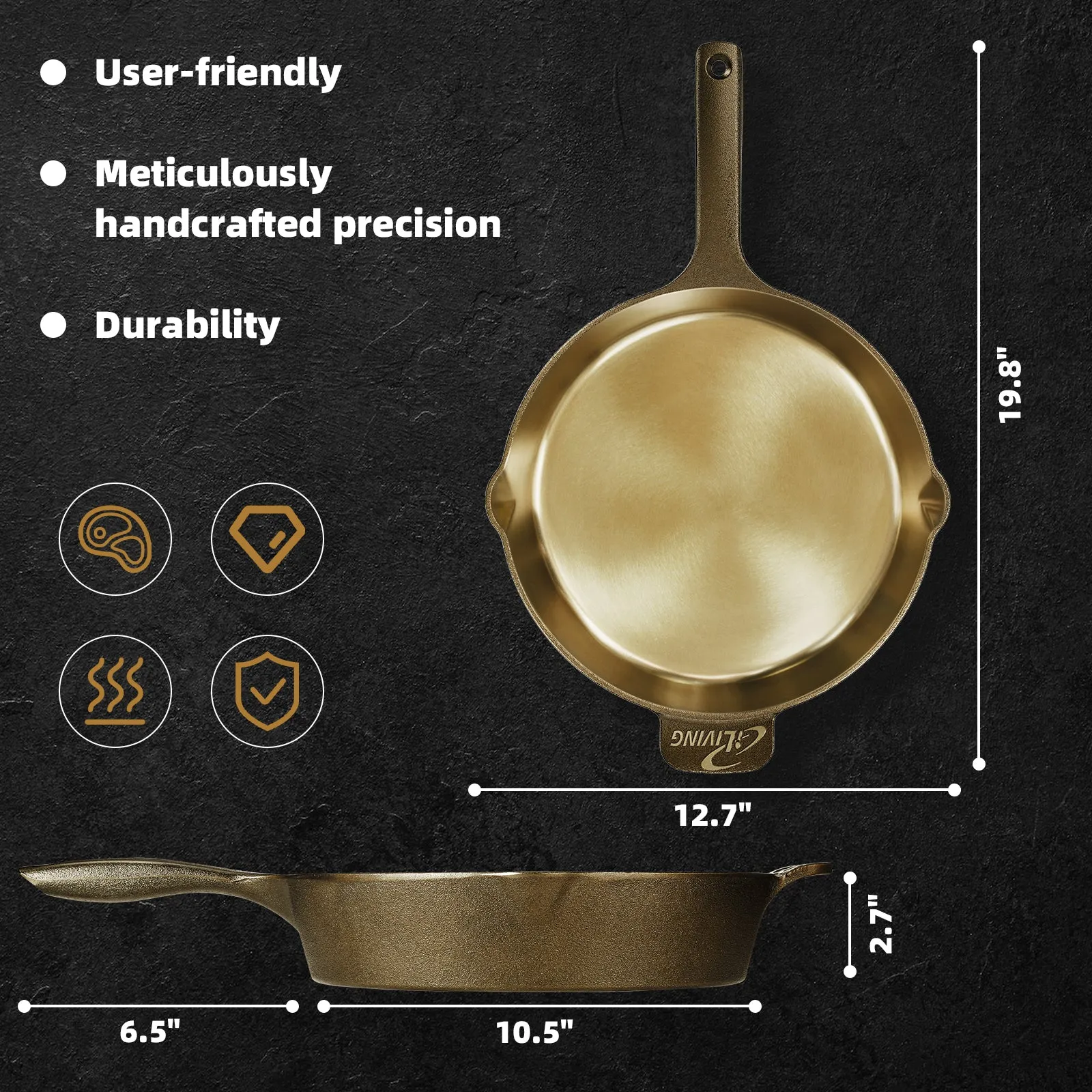 ILG8FE12DS - iLiving Seasoned Modern Heirloom Mirror Polished Cast Iron Skillet Pan 12" (2.7" Wall Height/3.7 L)