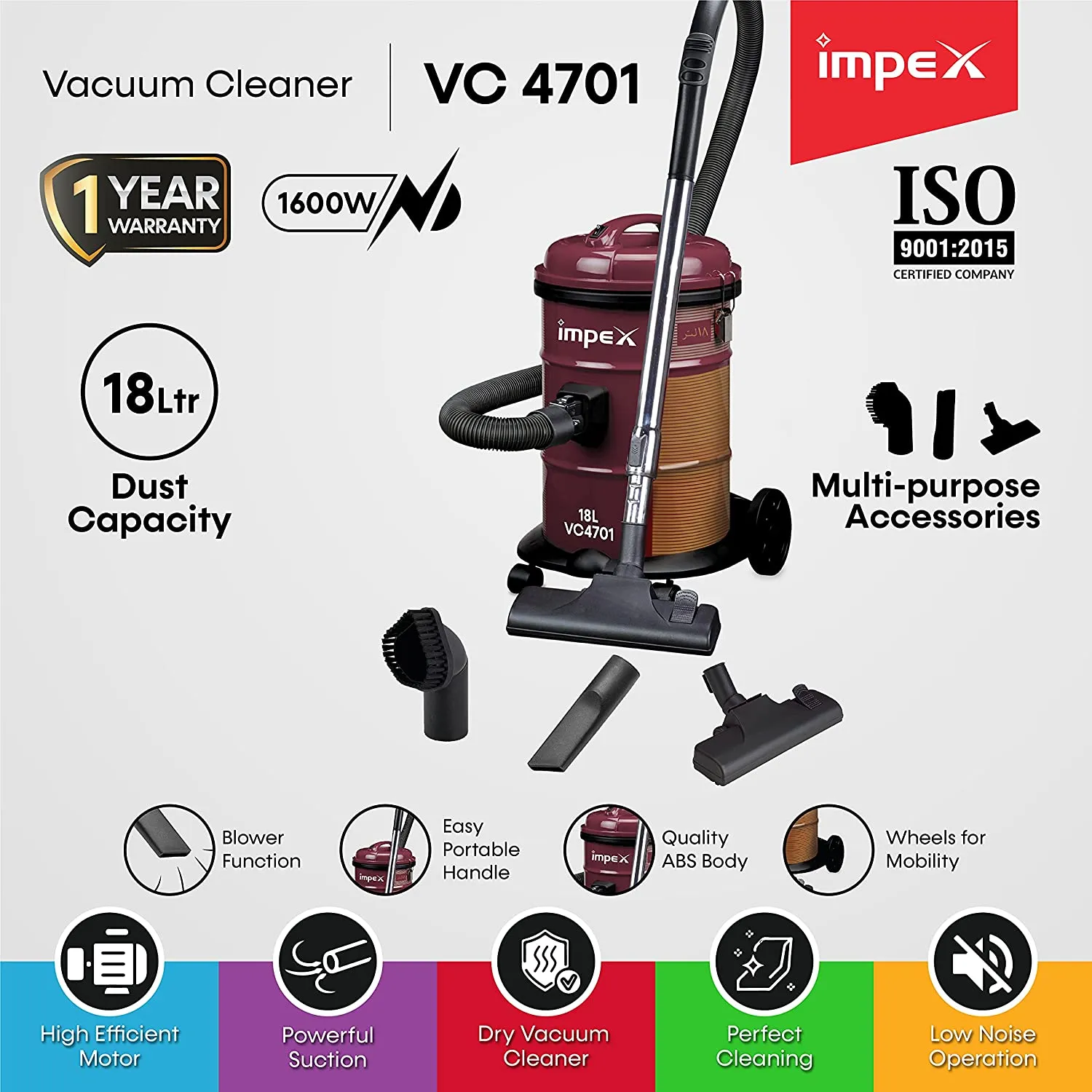 Impex VC 4701 1600W Vaccum Cleaner Blower function Telescopic metal tube Low noise level Convenient carrying handle