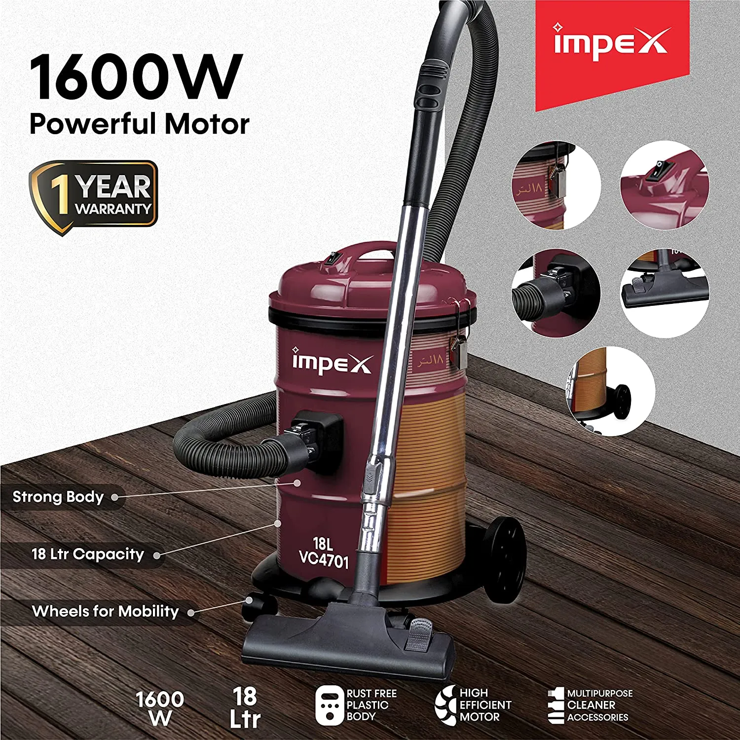 Impex VC 4701 1600W Vaccum Cleaner Blower function Telescopic metal tube Low noise level Convenient carrying handle