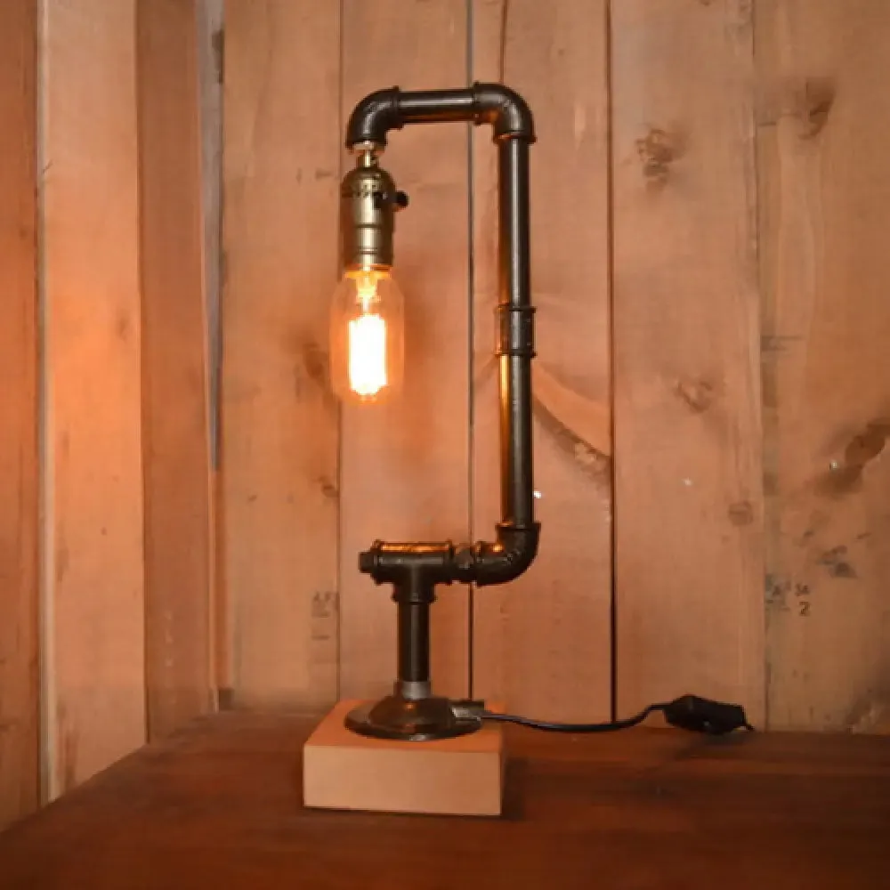 Industrial Water Pipe Table Lamp with Wood Base - Wrought Iron Black, Stylish Design, 1 Bulb