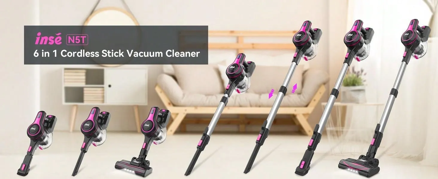 INSE N5T Cordless Vacuum Cleaner, 6 In 1 Rechargeable Powerful Lightweight Stick Vacuum