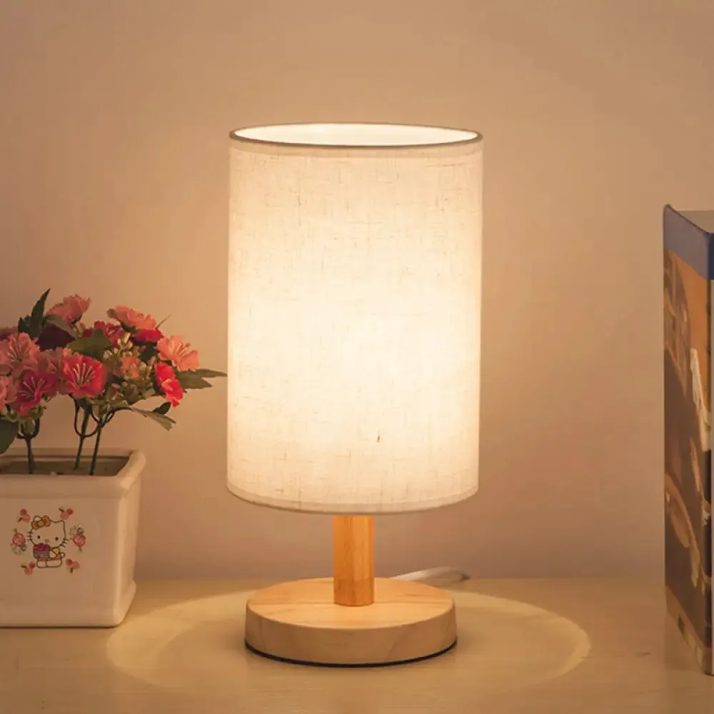 Japanese Cylinder Task Lamp: Fabric Reading Light - White/Flaxen, Wood Base