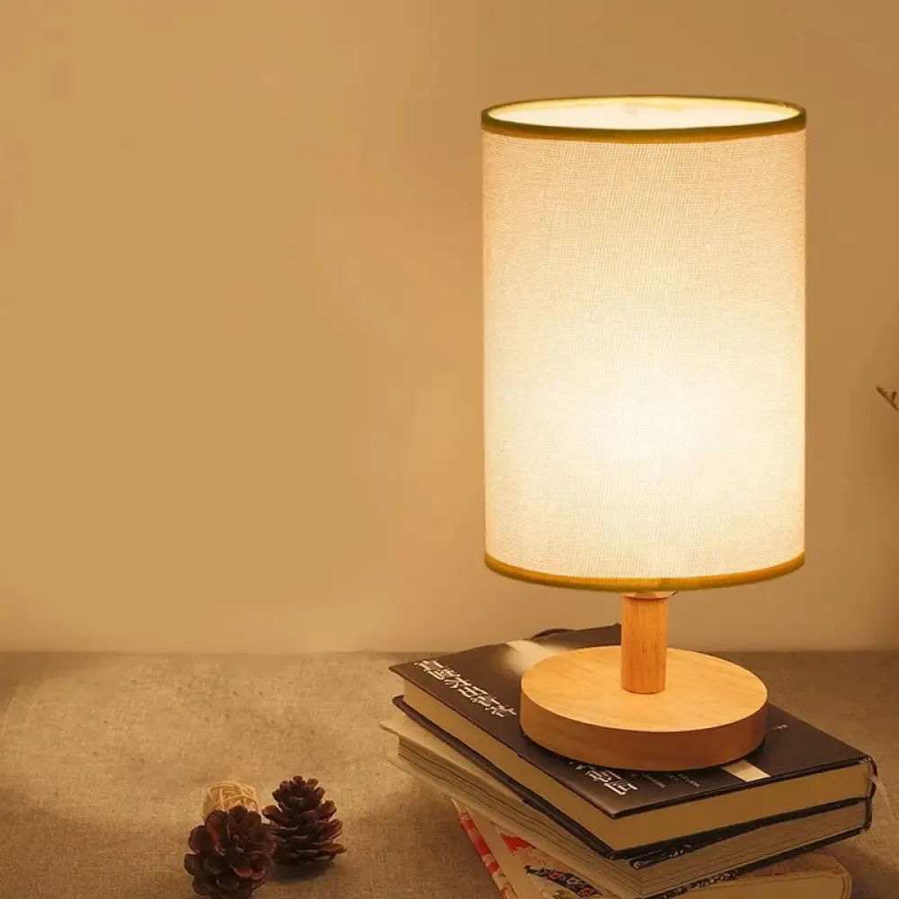 Japanese Cylinder Task Lamp: Fabric Reading Light - White/Flaxen, Wood Base