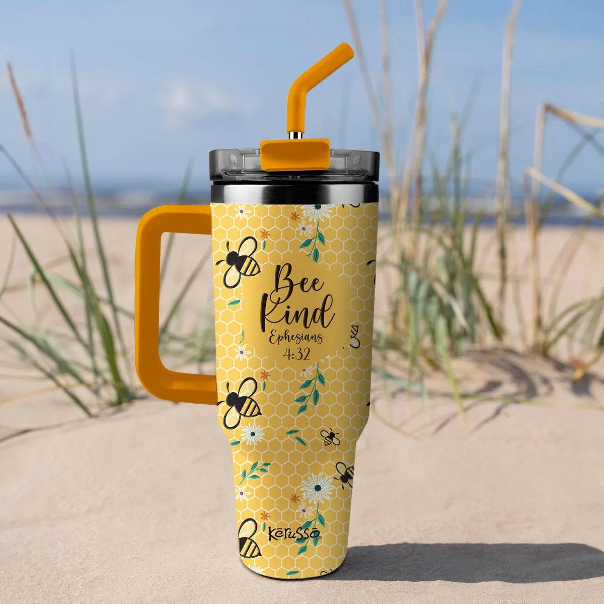 Kerusso 40 oz Stainless Steel Mug With Straw Bee Kind