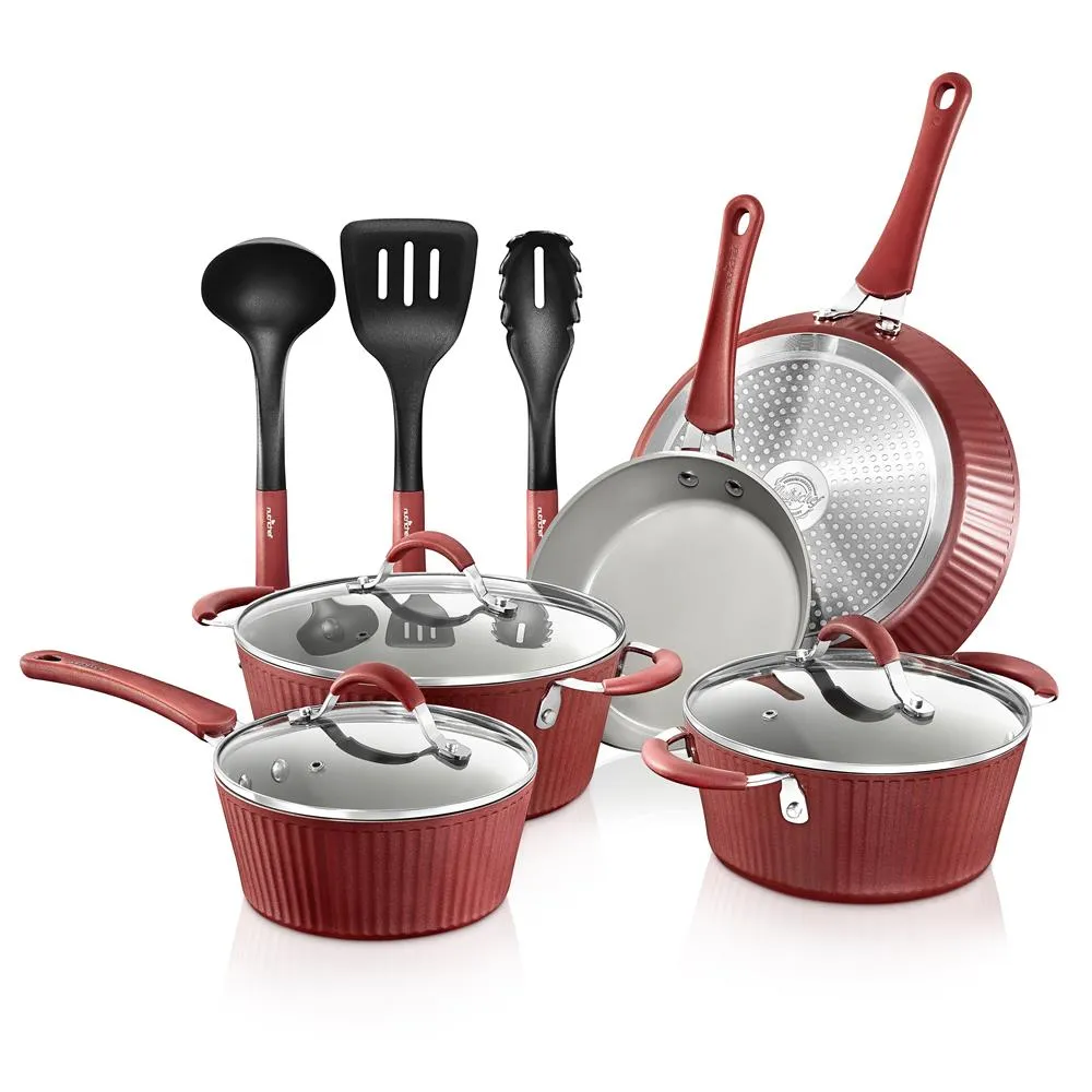 Kitchenware Pots & Pans - Stylish Kitchen Cookware Set With Elegant Lines Pattern, Gray Inside & Red Outside, Non-Stick, Metal   Silicone Handle (11-Piece Set)