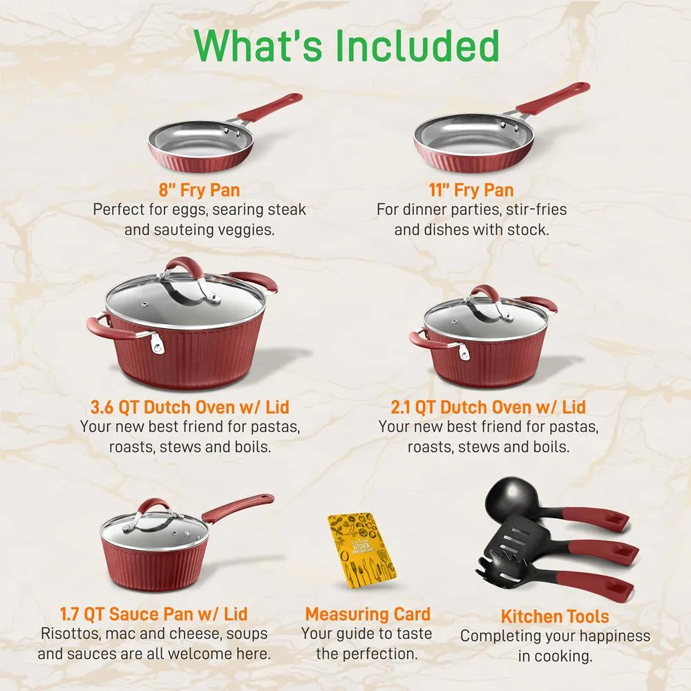 Kitchenware Pots & Pans - Stylish Kitchen Cookware Set With Elegant Lines Pattern, Gray Inside & Red Outside, Non-Stick, Metal   Silicone Handle (11-Piece Set)