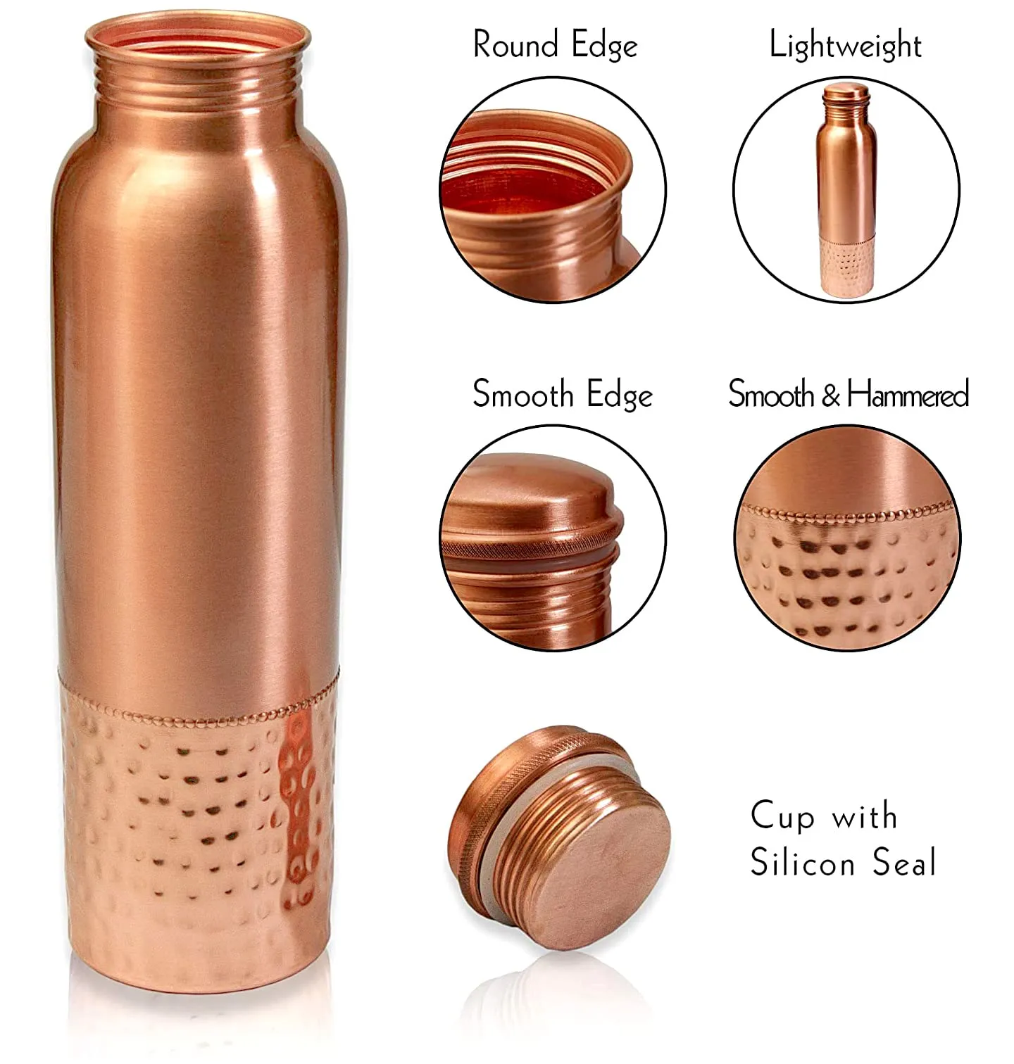 Kuber Industries Copper Round Hammered Shine Finish Water Bottle For Home & Traveling 1 Ltr.-Pack of 2 (Copper) 54KM4308