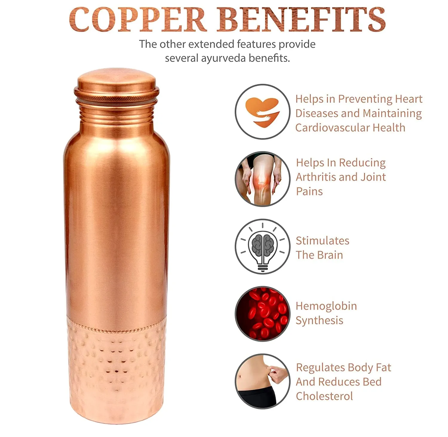 Kuber Industries Copper Round Hammered Shine Finish Water Bottle For Home & Traveling 1 Ltr.-Pack of 2 (Copper) 54KM4308