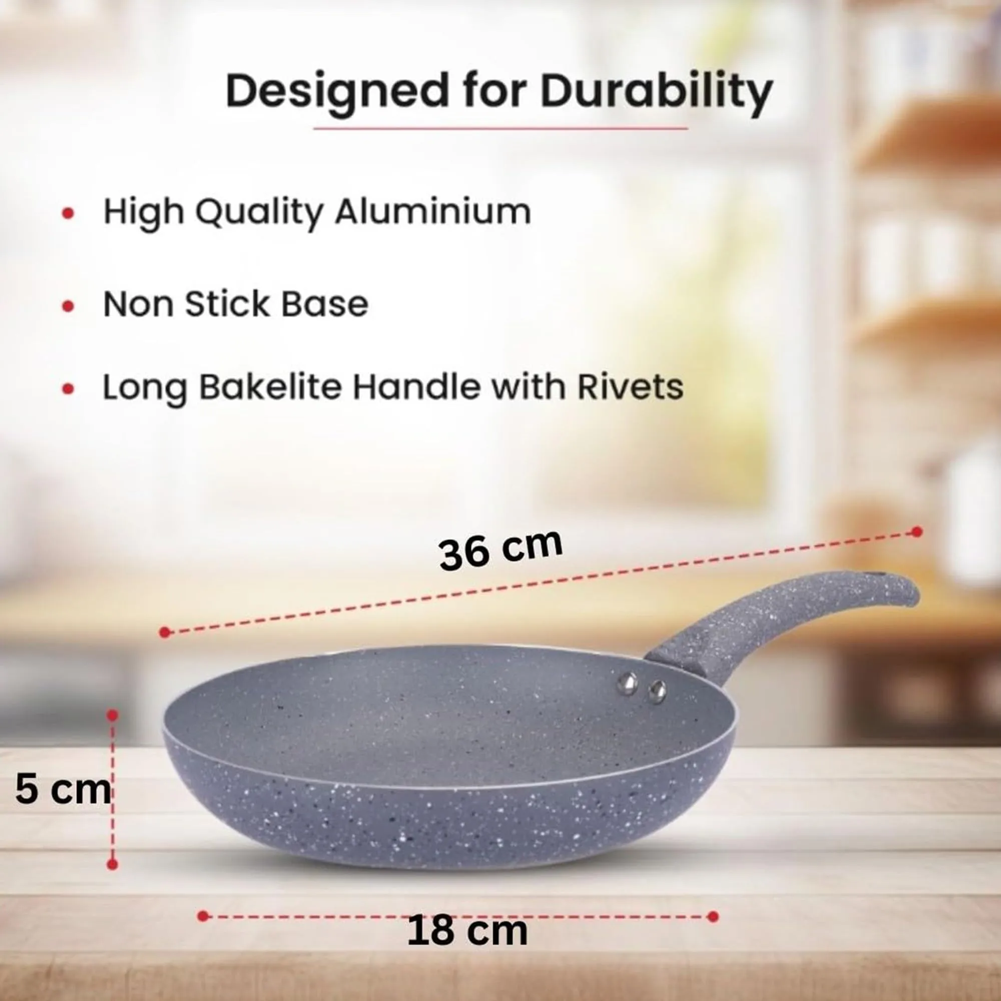 Kuber Industries Non-Stick Aluminum Frying Pan with Handle | Lightweight Induction Pan for Omelettes & Fish Cooking & Tadka | Scratch Resistent, Gas & Induction Compatible | Light Grey